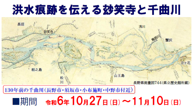 「洪水痕跡を伝える玅笑寺と千曲川」絵地図展示